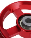 Close-up of Two Piece Fitness Pulley Wheel Replacement for Gym Cable Systems, red aluminum alloy detail