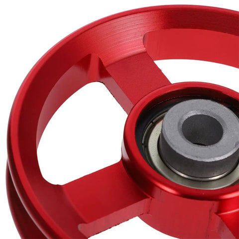 Close-up of Two Piece Fitness Pulley Wheel Replacement for Gym Cable Systems, red aluminum alloy detail