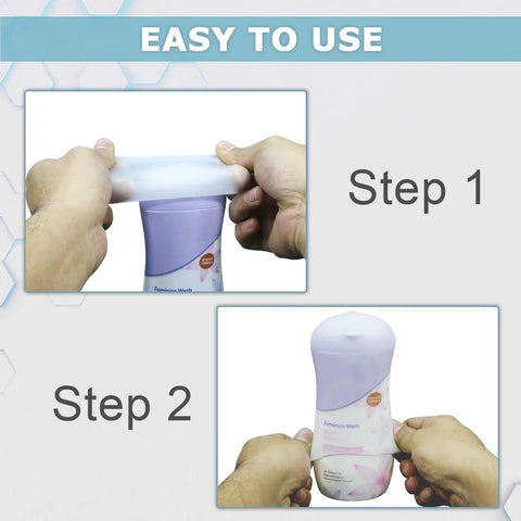 User stretching Silicone Bottle Covers Travel Set Must Have Elastic Leak Proof Sleeves For Toiletries And Lotions Ideal For Cruise Ship Luggage And Weekend Getaways For Women And Men Reusable Travel Size Containers To Prevent Leaks And Spills over a bottle, demonstrating easy use.