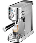 Compact 20 Bar Espresso Machine With Steam Milk Frother For Home Barista Vibes Stainless Steel Coffee Maker showcasing espresso pour.