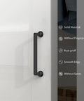 Matte Black Cabinet Pulls Set of 10, 5 Inch 128mm Zinc Alloy Drawer Handles for Kitchen Cabinets with smooth edges shown on door.