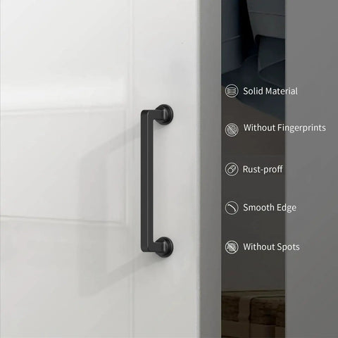 Matte Black Cabinet Pulls Set of 10, 5 Inch 128mm Zinc Alloy Drawer Handles for Kitchen Cabinets with smooth edges shown on door.