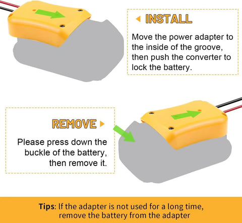 Diagram showing how to install and remove the Yellow Battery Adapter for Easy Power Swaps, Plug and Play Universal Compatibility, 1 Pack.