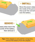 Power Wheel Battery Adapter Kit For 20V Dewalt Batteries installation and removal instructions with yellow casing and green arrows.