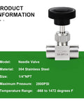 Needle valve, 304 stainless steel, 1/4 in NPT straight valve with knurled black control knob