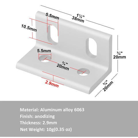 Diagram of Heavy Duty 12 Pack 4 Hole Slotted Inside Corner Brackets for 2020 and 2040 T Slot Aluminum Profiles with dimensions.