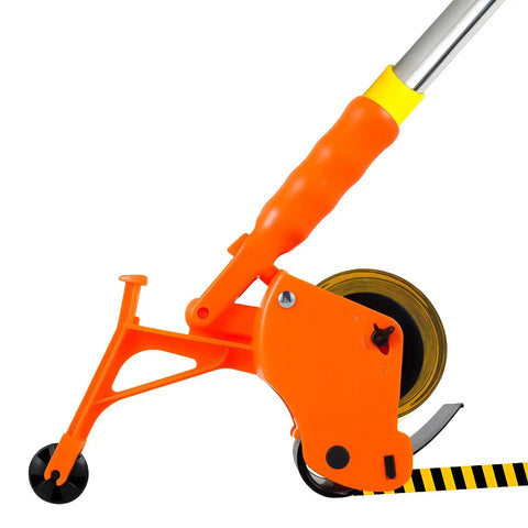 Heavy Duty Floor Tape Applicator For Driveways And Warehouses With Manual Push Marking Tool Non Slip Grip Adjustable Pressure Reusable Tape Roller Workhorse Includes Three Refill Rolls For Aisles And Sports Courts. Orange ABS floor tape applicator with metal pole and roll of striped tape.