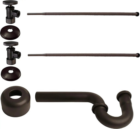 Pedestal Sink Lavatory Supply Line Kit With P Trap And Round Handle Angle Stops In Oil Rubbed Bronze components on white backdrop