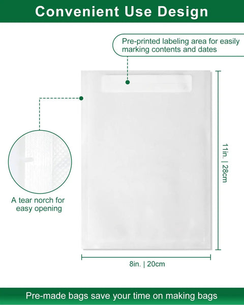 Quart Vacuum Sealer Bags For Food 8x11 Inch With Pre Printed Label Area BPA Free Pb Free Phthalate Free Freezer Safe Microwave Safe Sous Vide Ready Reusable Food Storage Bags To Keep Food Fresh shown with label area and tear notch