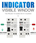Heavy Duty AC Circuit Breaker With Knockout Anti Shock Shield Earth Leakage Switch Home Panel Protector Smooth 220 Volt Flow At 1 63 Amps, indicator window with handle positions.