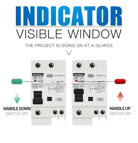 Heavy Duty AC Circuit Breaker With Knockout Anti Shock Shield Earth Leakage Switch Home Panel Protector Smooth 220 Volt Flow At 1 63 Amps, indicator window with handle positions.