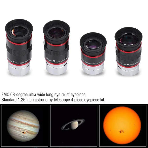 Ultra Wide Angle Long Eye Relief Eyepiece Kit For Telescopes 1.25 Inch 68 Degree Field Of View Four Piece Set 6mm 9mm 15mm 20mm