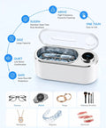 Ultrasonic Jewelry Cleaner Delivers Knockout Deep Clean With 48KHz Waves 440Ml Tank, showcases stainless steel basin with glasses and rings.