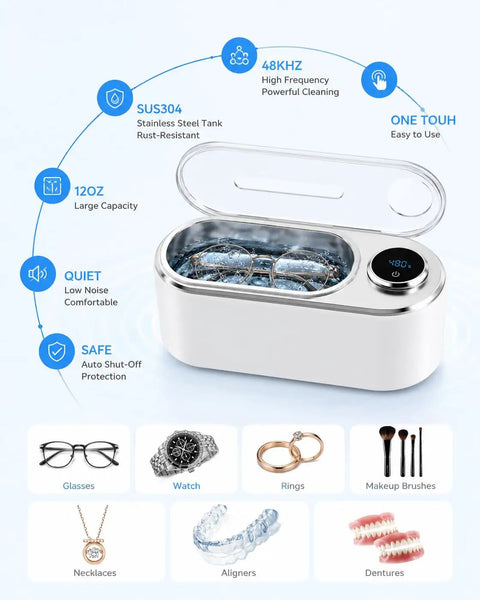 Ultrasonic Jewelry Cleaner Delivers Knockout Deep Clean With 48KHz Waves 440Ml Tank, showcases stainless steel basin with glasses and rings.