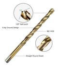 Close-up of a drill bit from 29 Piece Drill Bit Set Pro Grade M2 HSS 135 Degree Split Point Twist Jobber Length Kit For Hardened Metal Cast Iron Stainless Steel With Indexed Round Case One Sixteenth To One Half Inch showing M2 HSS material and split point design.