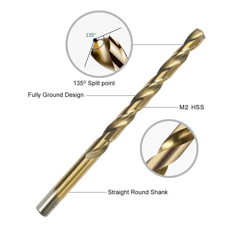Close-up of a drill bit from 29 Piece Drill Bit Set Pro Grade M2 HSS 135 Degree Split Point Twist Jobber Length Kit For Hardened Metal Cast Iron Stainless Steel With Indexed Round Case One Sixteenth To One Half Inch showing M2 HSS material and split point design.