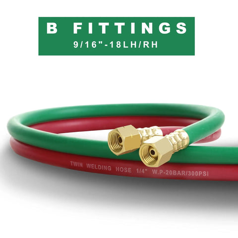 Pro Grade Dual Line Oxygen And Acetylene Hose Set 1/4 Inch By 25 Feet With 9/16-18 B Fittings showcasing red and green hoses.