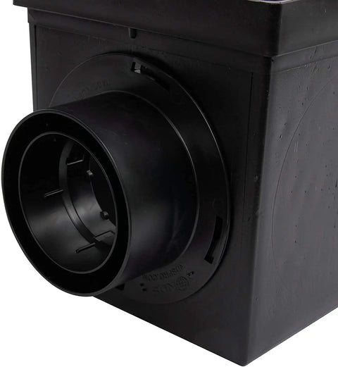 Square Catch Basin Drainage Kit For Lawns And Landscaping, 9 Inch, Black, features a large adapter attachment on one side