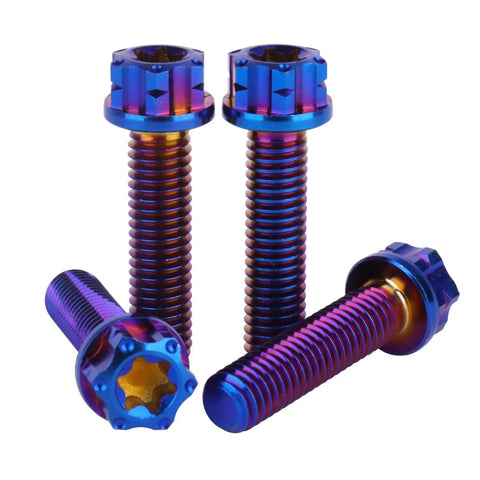 Top Shelf Grade 5 Titanium Flange Bolts With Torx Head Screws M5X20MM Burnt Blue Anodized heavy duty pack of four.