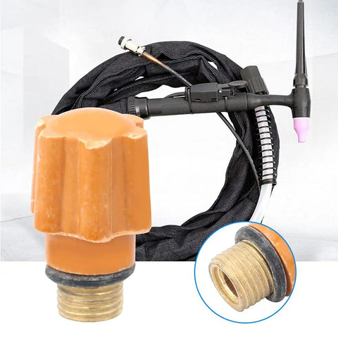 Close-up of Top Notch 5 Pc QQ150 TIG Welding Torch Consumables Set Back Cap with brass bolt for easy replacement.