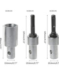 Three 2 Round Pits Drill Bit Adapters with 2 Slots, 105mm Length, 19.6mm Diameter, steel for electric drills, shown with dimensions.
