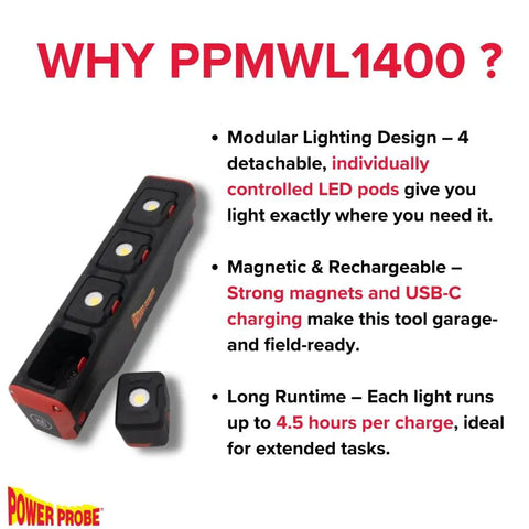 Epic 1400 Lumen Modular Work Light With Detachable LED Pods Base Brightness 700 Lumen Plus Two Pods For Targeted Illumination