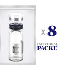 Front view of empty sterile 10 mL borosilicate glass vial with butyl rubber stopper and flip-top closure; 8 pcs packed.
