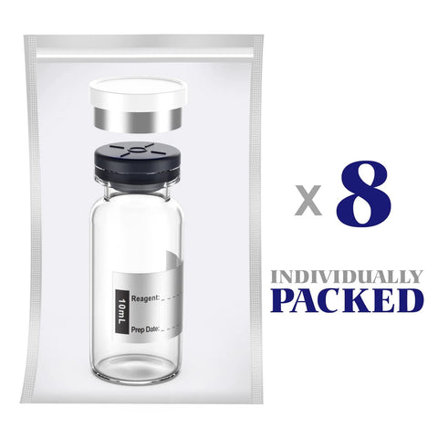 Front view of empty sterile 10 mL borosilicate glass vial with butyl rubber stopper and flip-top closure; 8 pcs packed.