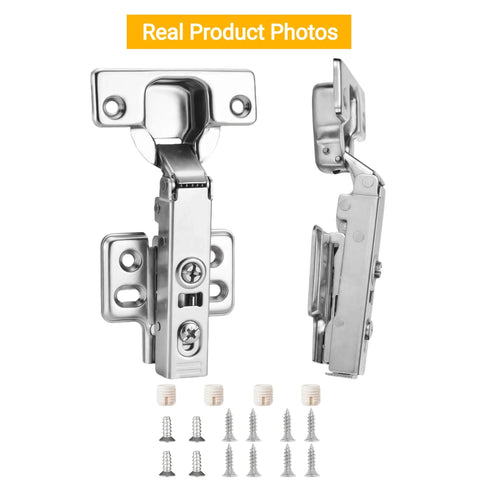 Full Overlay Soft Close Cabinet Hinges For Frameless Concealed Doors European Style Slick Clip On Four Hole Mounting Plate Nickel Plated Finish 2 Pack Easy Tool Free Installation For Kitchen And Vanity Cabinets, with screws included, front view.
