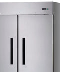 Built Different Commercial Two Door Reach In Freezer With Digital Thermostat And Thick Stainless Steel Shell giving easy access with sleek black handles.