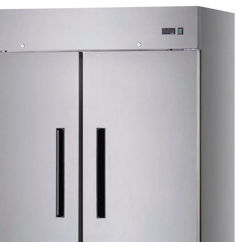 Built Different Commercial Two Door Reach In Freezer With Digital Thermostat And Thick Stainless Steel Shell giving easy access with sleek black handles.