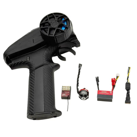 All In One Brushless Power And Control System With NanoPython ESC NanoKomodo Motor And Gripor V2 TX RX For Redcat Ascent 32 RC Crawler Wireless Tuning Upgrade components displayed on white background.