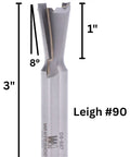 Professional Grade Dovetail Router Bit With Tungsten Carbide Cutter And Half Inch Shank, measuring 11/16 inch width and 1 inch depth.
