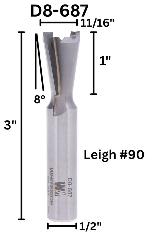 Professional Grade Dovetail Router Bit With Tungsten Carbide Cutter And Half Inch Shank, measuring 11/16 inch width and 1 inch depth.