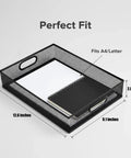 Beefy Heavy Duty Metal Mesh Desk Organizer Tray for A4 Files with black wire frame, dimensions 12.6 x 9.1 x 2.8 inches, shown with notebooks inside.