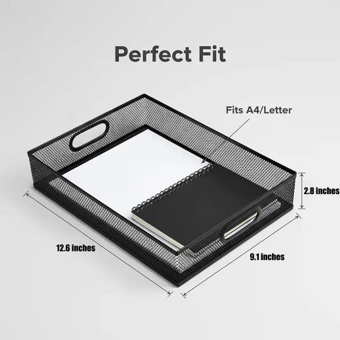 Beefy Heavy Duty Metal Mesh Desk Organizer Tray for A4 Files with black wire frame, dimensions 12.6 x 9.1 x 2.8 inches, shown with notebooks inside.