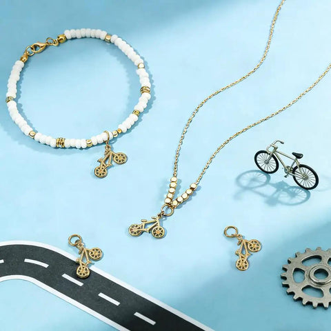 18K Gold Plated Bicycle Charms Set With 4 Pieces Stainless Steel Double Sided Bike Pendants For DIY Jewelry Making Necklace