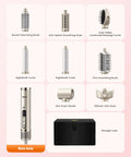 Set of attachments for Eight In One Hot Air Styler And Hair Dryer Brush, includes curlers, brushes, dryer nozzle, and storage case.