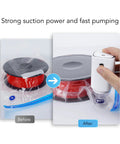 Electric air pump, cordless white 5V, used to vacuum-seal a storage bag in a before-and-after setup.