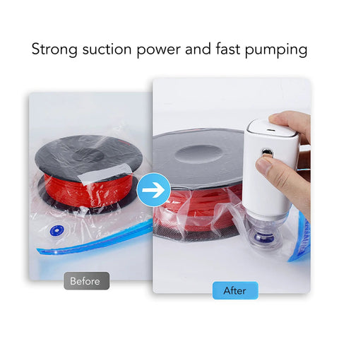 Electric air pump, cordless white 5V, used to vacuum-seal a storage bag in a before-and-after setup.