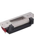 Heavy Duty 12V Electric Strike Lock Built Like A Tank For Ironclad Door Security And Plug And Play Access Control Installation Fits Standard Cylindrical Latch Sets And Entry Doors, showing stainless steel and black design.