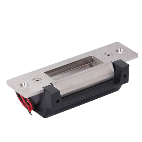 Heavy Duty 12V Electric Strike Lock Built Like A Tank For Ironclad Door Security And Plug And Play Access Control Installation Fits Standard Cylindrical Latch Sets And Entry Doors, showing stainless steel and black design.