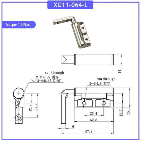 Front/side view of an L-shaped screw-damping hinge with rotating shaft; 1.5 N·m torque, white finish, model XG11-064-L