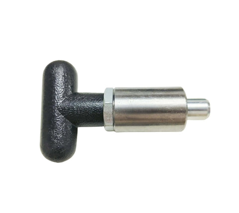 Beefy Three-Eighths Inch Spring-Loaded Pull Pin With T-Handle, Steel Plunger Dowel Pin, Ergonomic Grip Handle, Side View