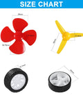 Size chart of propellers and wheels from Six Pack DC Motors Kit For DIY Projects With Dope Mini Hobby Motors From 3V To 12V Up To 25000 RPM.