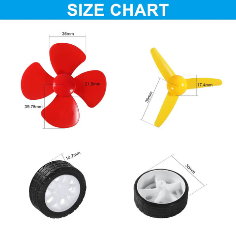 Size chart of propellers and wheels from Six Pack DC Motors Kit For DIY Projects With Dope Mini Hobby Motors From 3V To 12V Up To 25000 RPM.