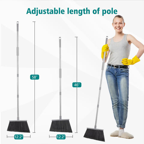 Four Pack Beast Mode Outdoor Broom Set With 58-Inch Stainless Steel Handle, adjustable length, held by person in gloves