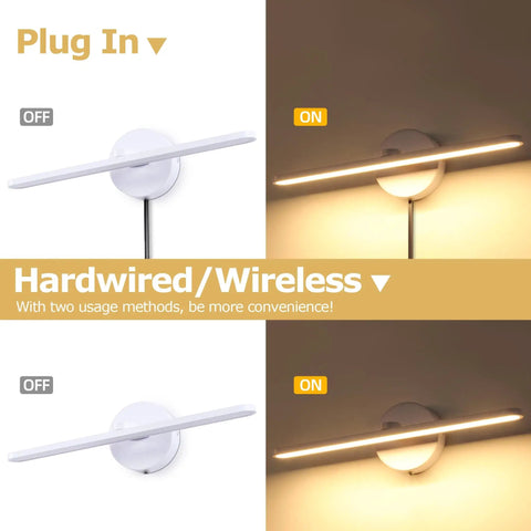 Sleek Plug In Vanity Light Bar For Bathroom Over Mirror showing LED on and off states, easy hardwire or plug in setup.