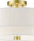 Sleek Meridian Collection Four Light Semi Flush Mount Ceiling Light In Satin Brass With Off White Hardback Fabric Shade