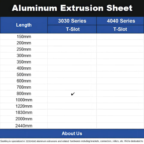 Table showing lengths available for 3030 and 4040 T-slot aluminum extrusions; 800mm marked for 3030 series.